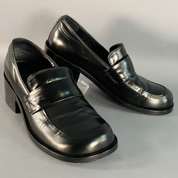 AMOMENTO Size 6 Black Leather Stacked Heel Penny Loafers main image 9